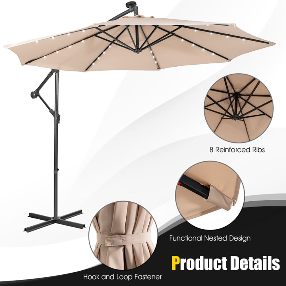 Aimee Lii 10 Feet Patio Solar Powered Cantilever Umbrella with Tilting System, Sunbrella Patio Umbrellas, Beige Aimee Lii 10 Feet Patio Solar Powered Cantilever Umbrella with Tilting System, Sunbrella Patio Umbrellas, Beige