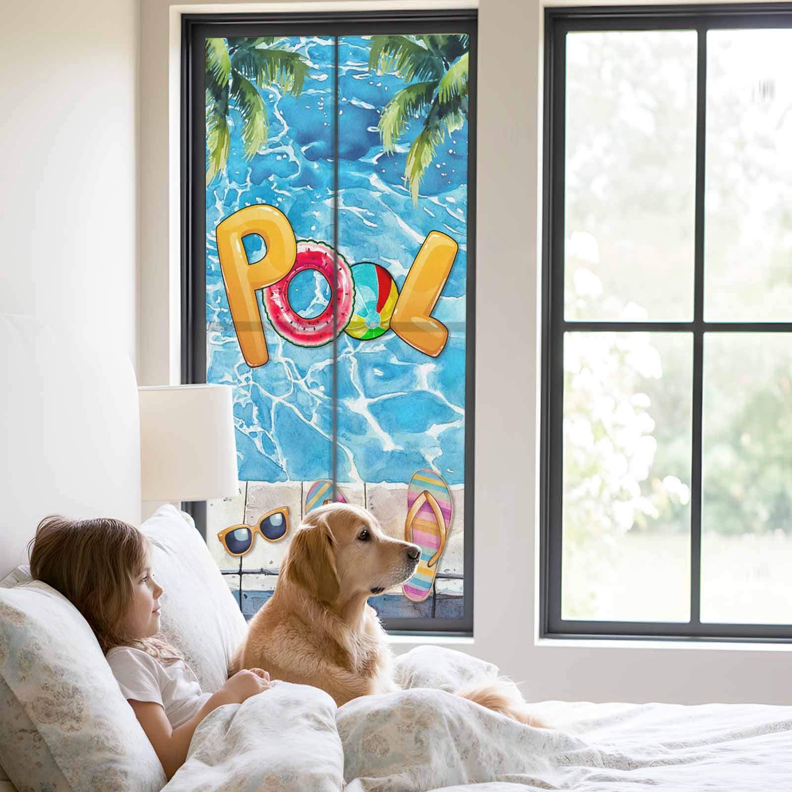 Blue Summer Pool Window Privacy Film, Watermelon Swimming Ring Slippers Static Cling UV Sun Blocking Tint Film Heat Control Windows Films for Bedroom Bathroom, Window Stickers 23.6"x59"