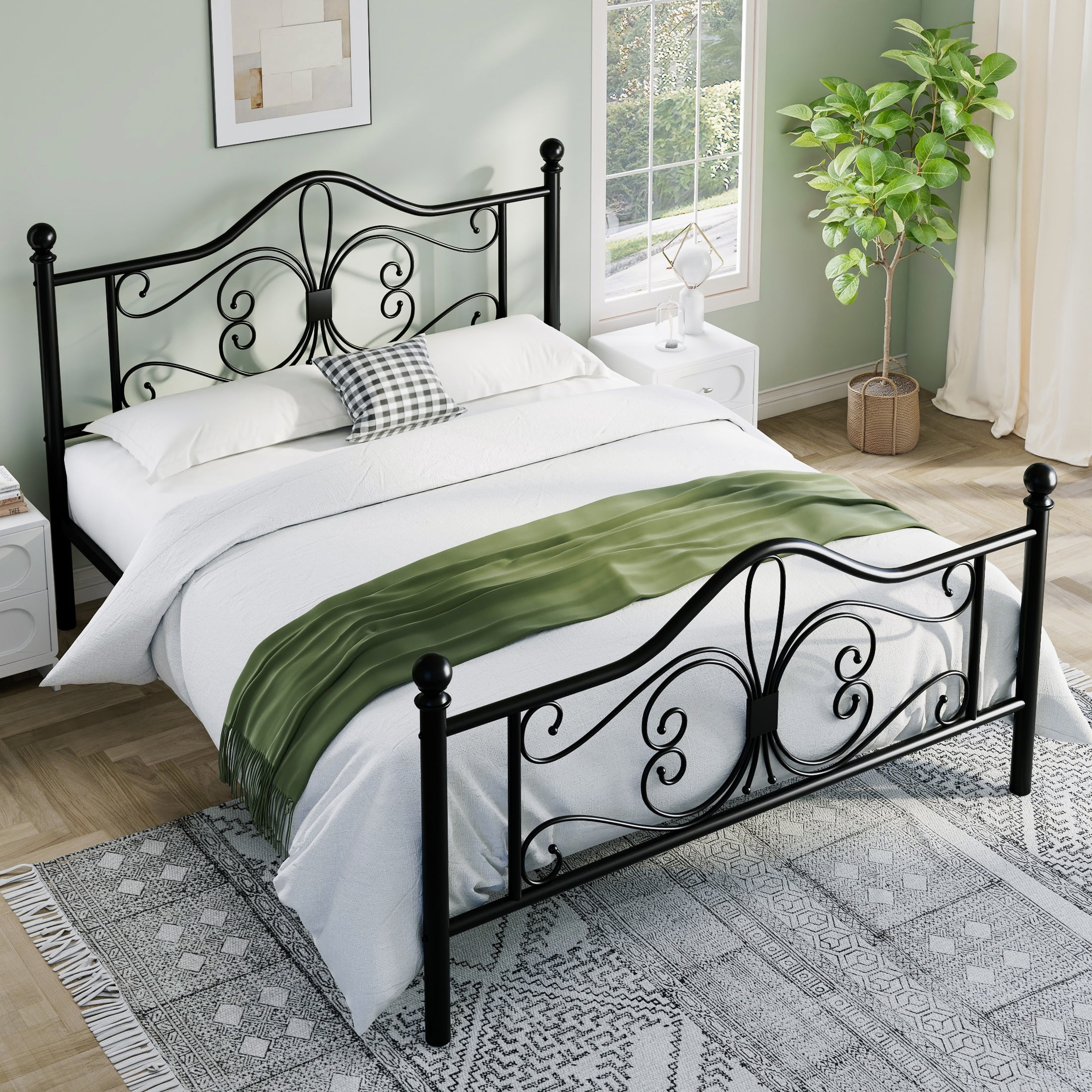 Sha Cerlin Queen Size Metal Platform Bed Frame with Victorian Vintage Butterfly Headboard&Footboard, Black