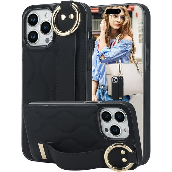 for iPhone 15 Pro Max Case with Wristband Strap, PU Leather Phone Case with Ring Stand Case for iPhone 15 Pro Max ZWD Black