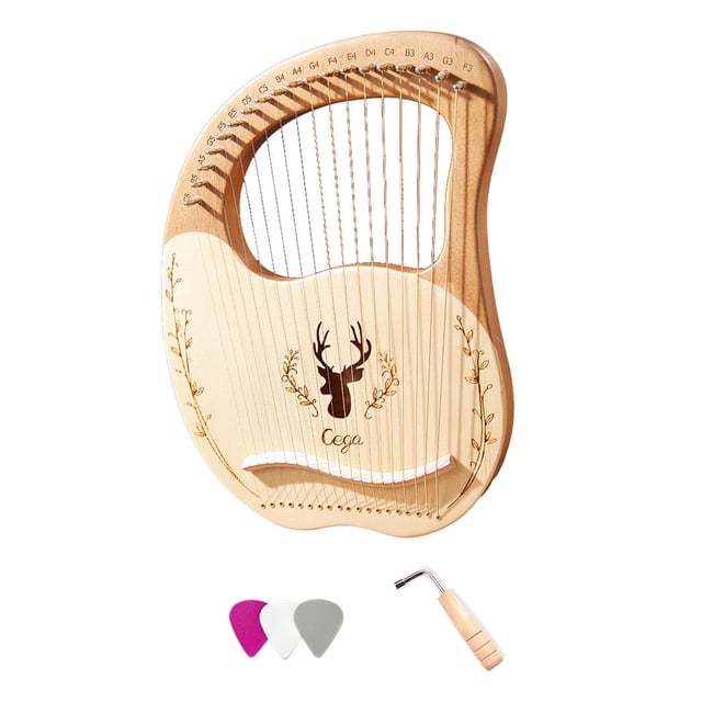 Natural Wooden 19-String Lyre Harp with Box Body, Tuning Wrench, 3 Random Color Picks, Extra Strings, Sticker & User Guide - Acoustic Instrument for Beginners (Available in Coffee/Blue Options)