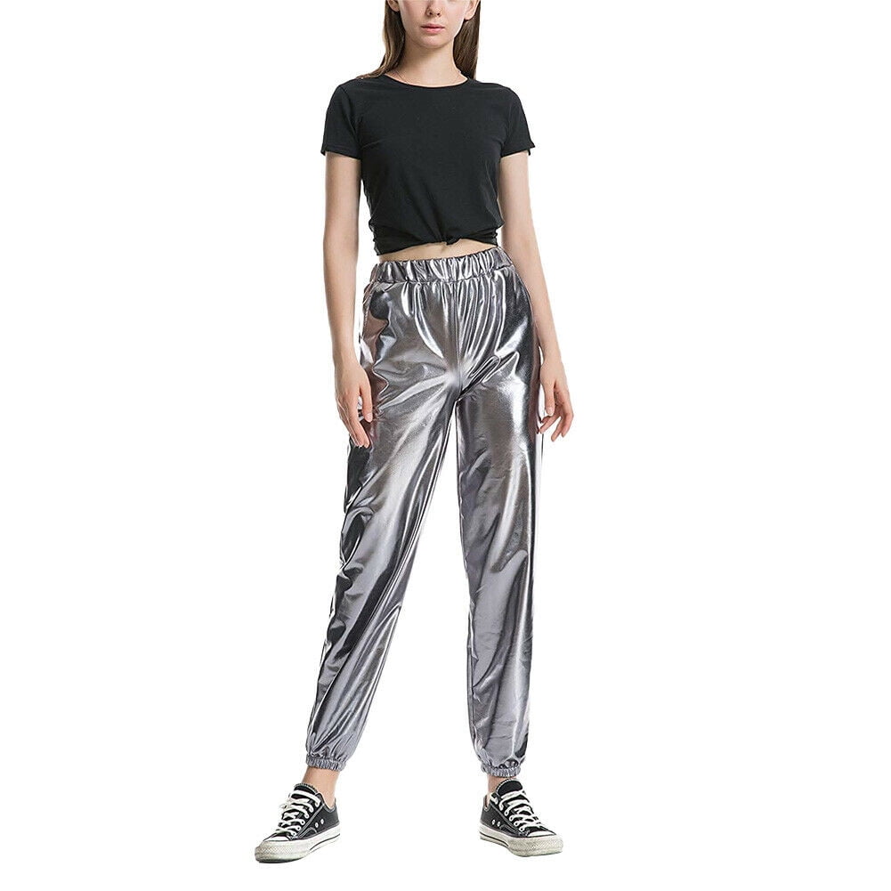 Calsunbaby - Women's Laser Pants Shiny Metallic Elastic High Waist ...