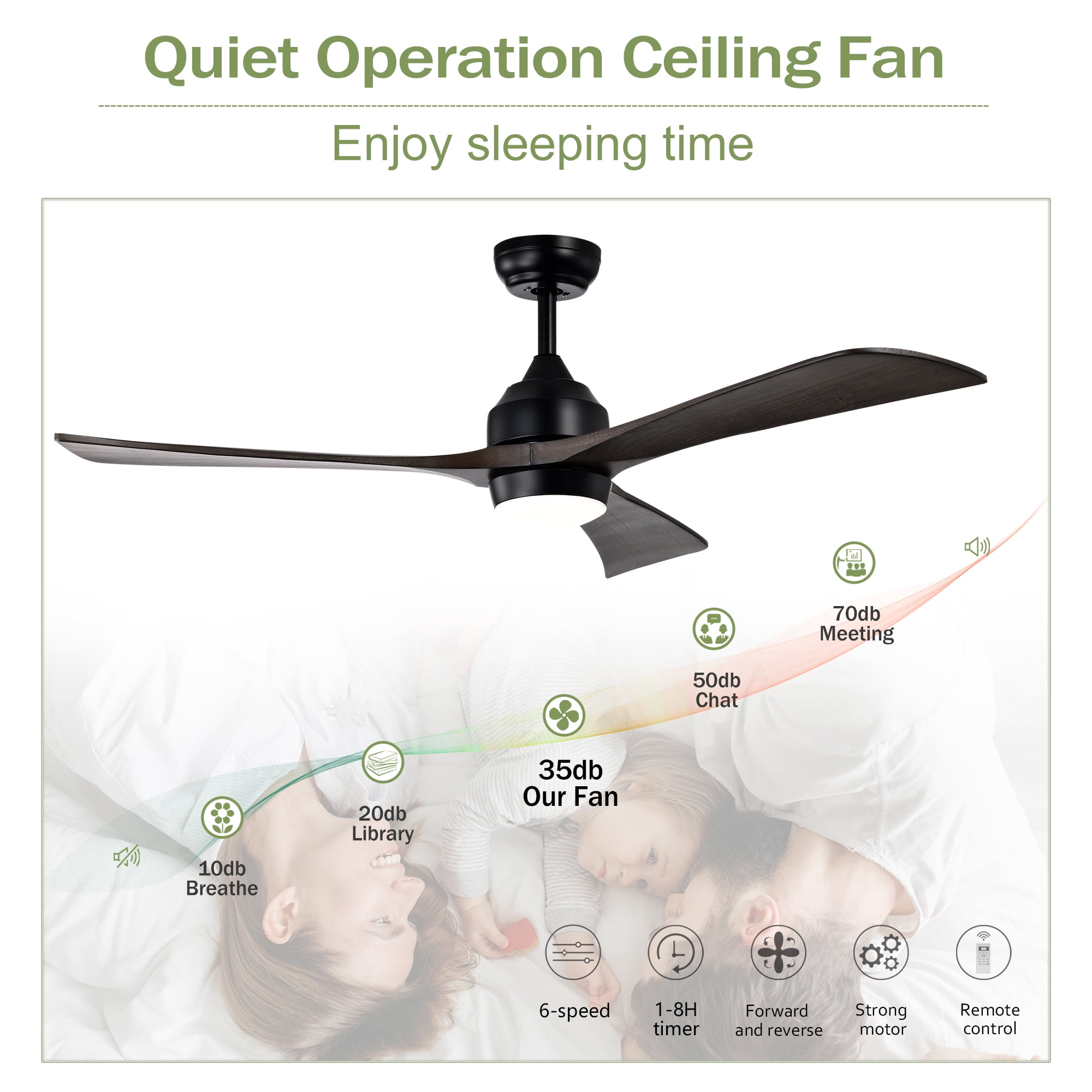 Leumius 52" Solid Wood Blades Ceiling Fan with Light and Remote Control,Quiet DC Motor 3 Blade Ceiling Fans 6 Speed Levels,Reversible for Patio Living Room Bedroom Office Black