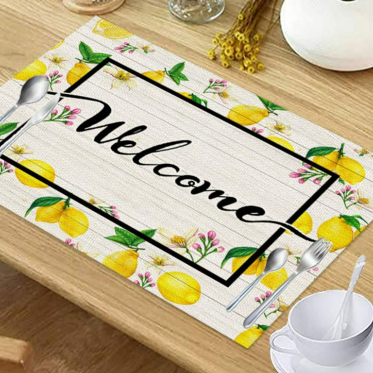 Rectangle Table Placemats Set of 6 Welcome Summer Fresh Lemons Minimalist Black White Stripes Non-Slip Placemats Washable Dining Table Place Mats for