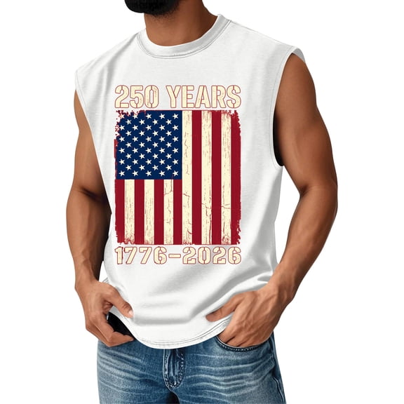 250 Years Mens Tank Top United States American Flag Print Crew Neck Sleeveless Tshirt Muscle Relaxed Fit Soft Home Wear T Shirts, White, #01 White