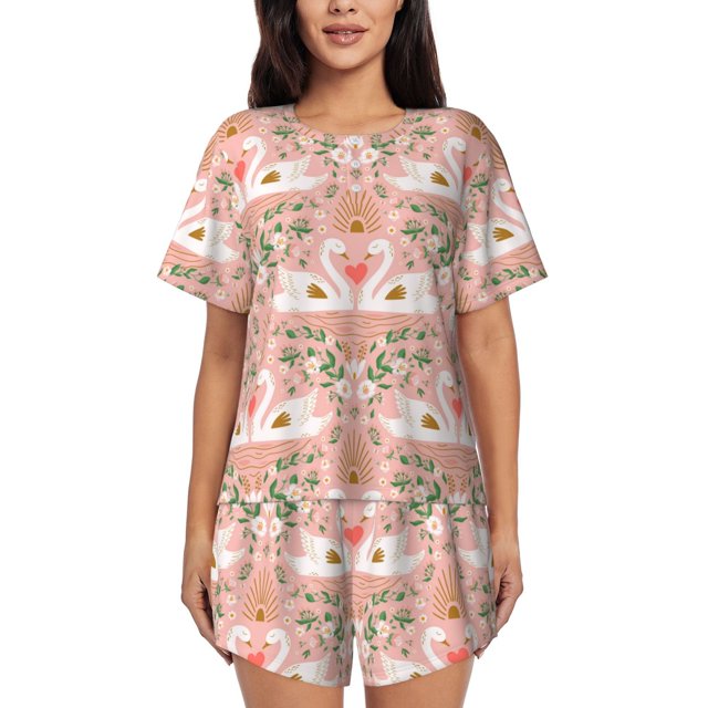 Fotbe Swan Couple Conjunto de Pijama Estampado para Mujer, 2 Piezas, Ropa de Dormir con Camiseta de Manga Corta y Shorts Suaves-Small