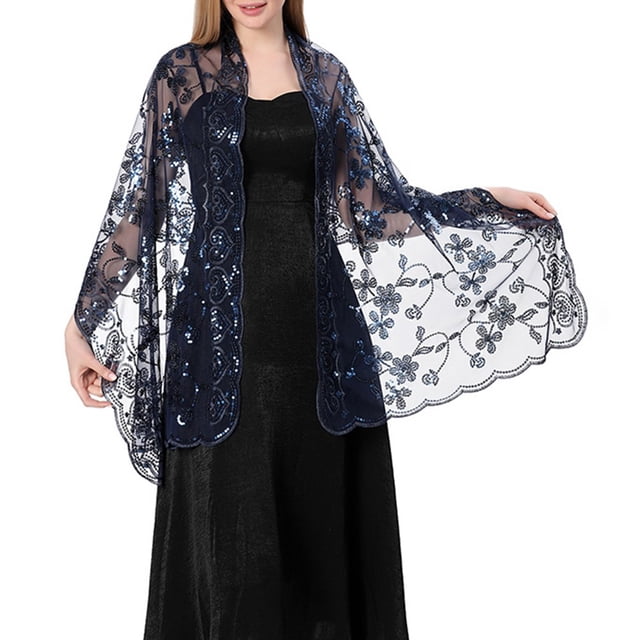 MYG Long Sparkly Sequin Sheer Tulle Lace Embroidery Shawl Wrap Scarf Evening Wedding
