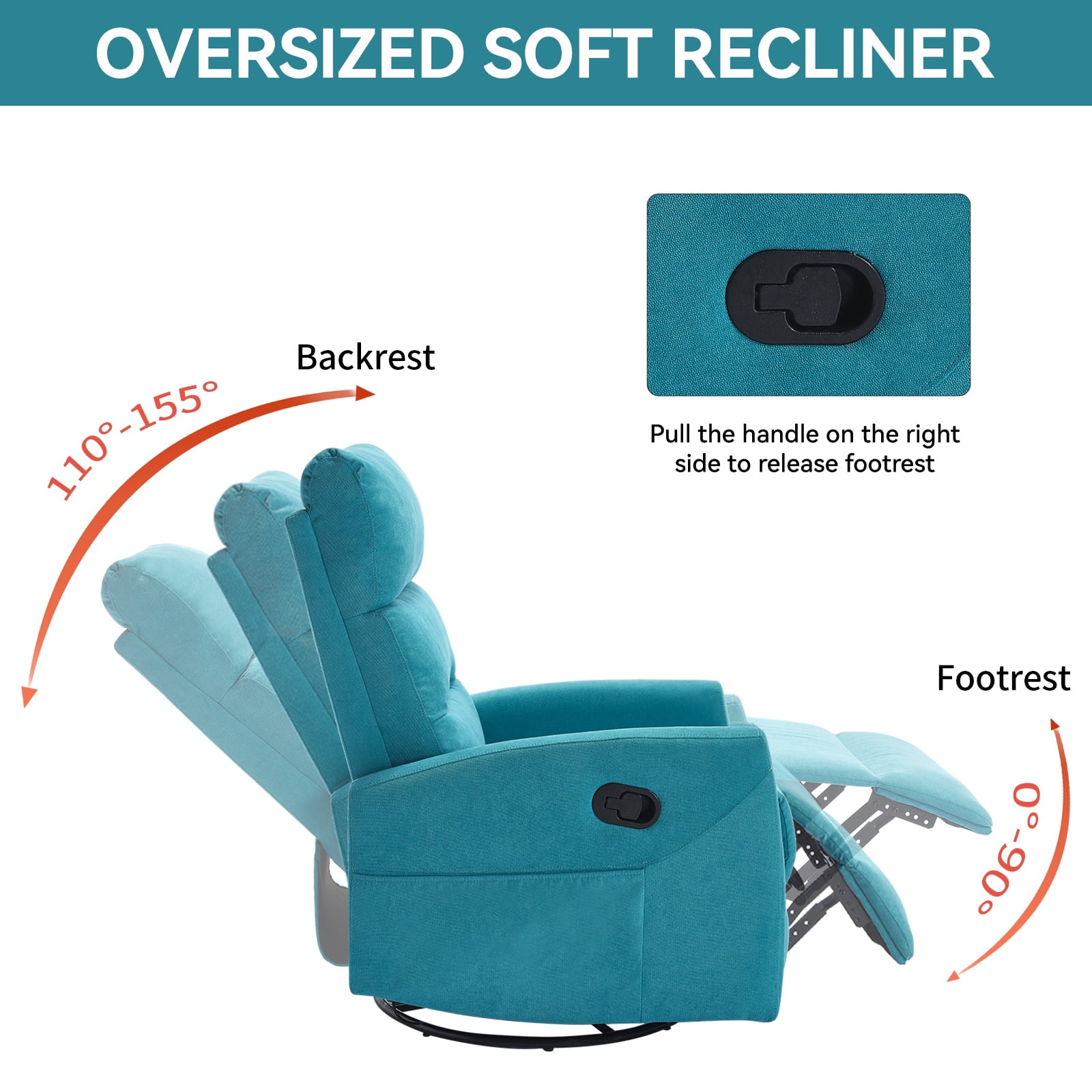 360°Swivel Rocker Recliner, PAPROOS Small Rocking Recliner Chair for Small Spaces, Home Theater Recliner with 2 Side Pockets, Nursery Glider Recliner, Manual Recliner for Adults for Living Room, Blue