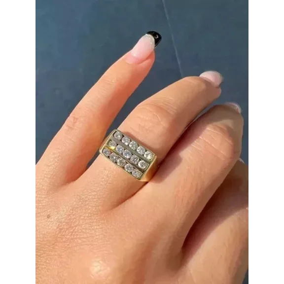 14k Yellow Gold Plated 2CT Round Cut Simulated Diamond Wedding Ring Men's Three Row 925 Sterling Silver