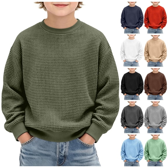Rciityk Boys Crew Neck Sweatshirt Solid Color Long Sleeve Pullover Tops, Size 3-14