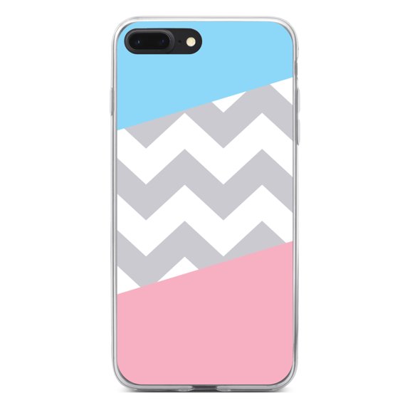 DistinctInk Clear Shockproof Hybrid Case for iPhone 7 PLUS / 8 PLUS (5.5" Screen) - TPU Bumper, Acrylic Back, Tempered Glass Screen Protector - Pink Blue Block Grey Chevron - Chevron Stripes Pattern