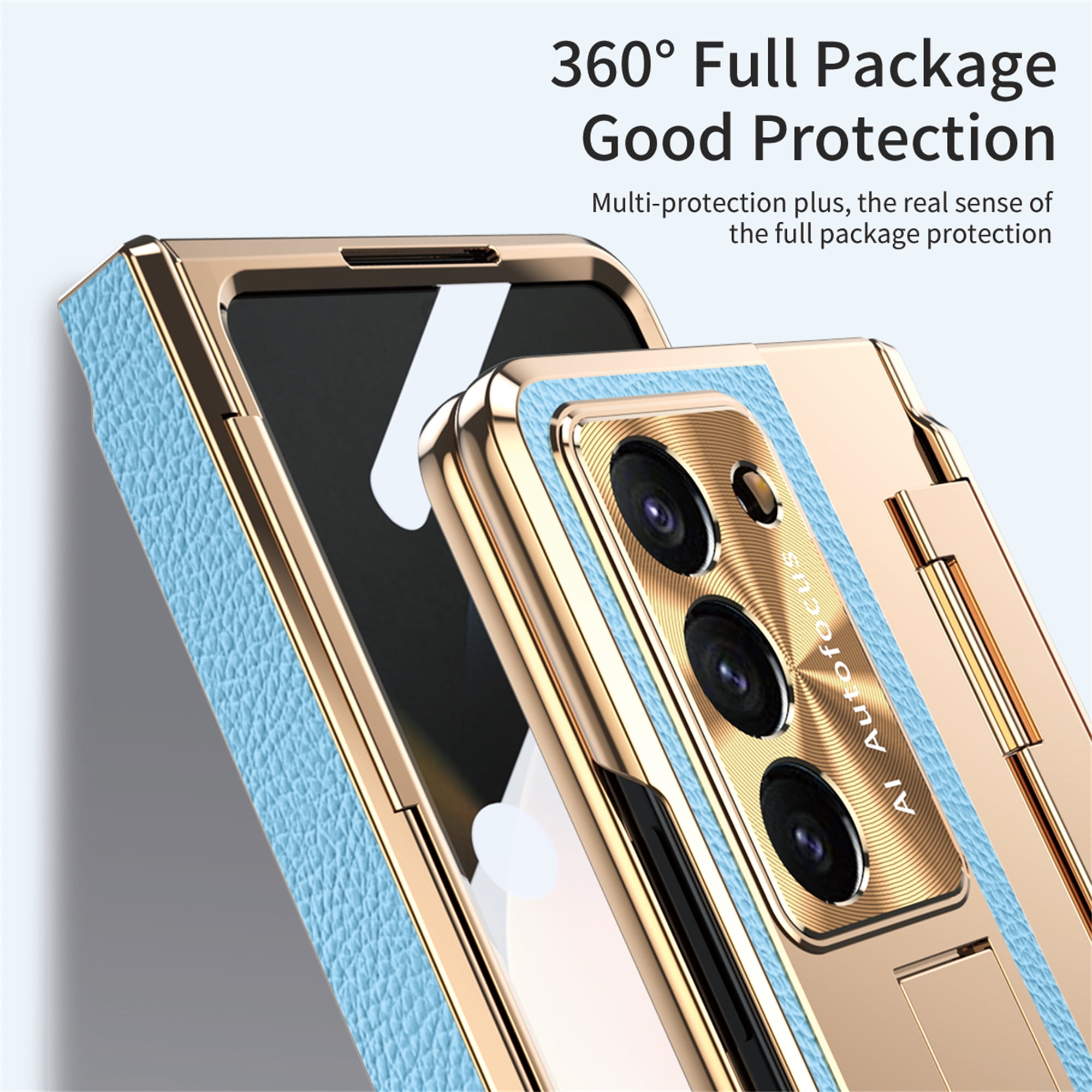 Allytech Galaxy Z Fold4 Case with Screen Protector, Kickstand Rugged Protective Shockproof Anti-Scratch Hinge Protection Phone Case for Samsung Galaxy Z Fold 4 - Blue+Gold