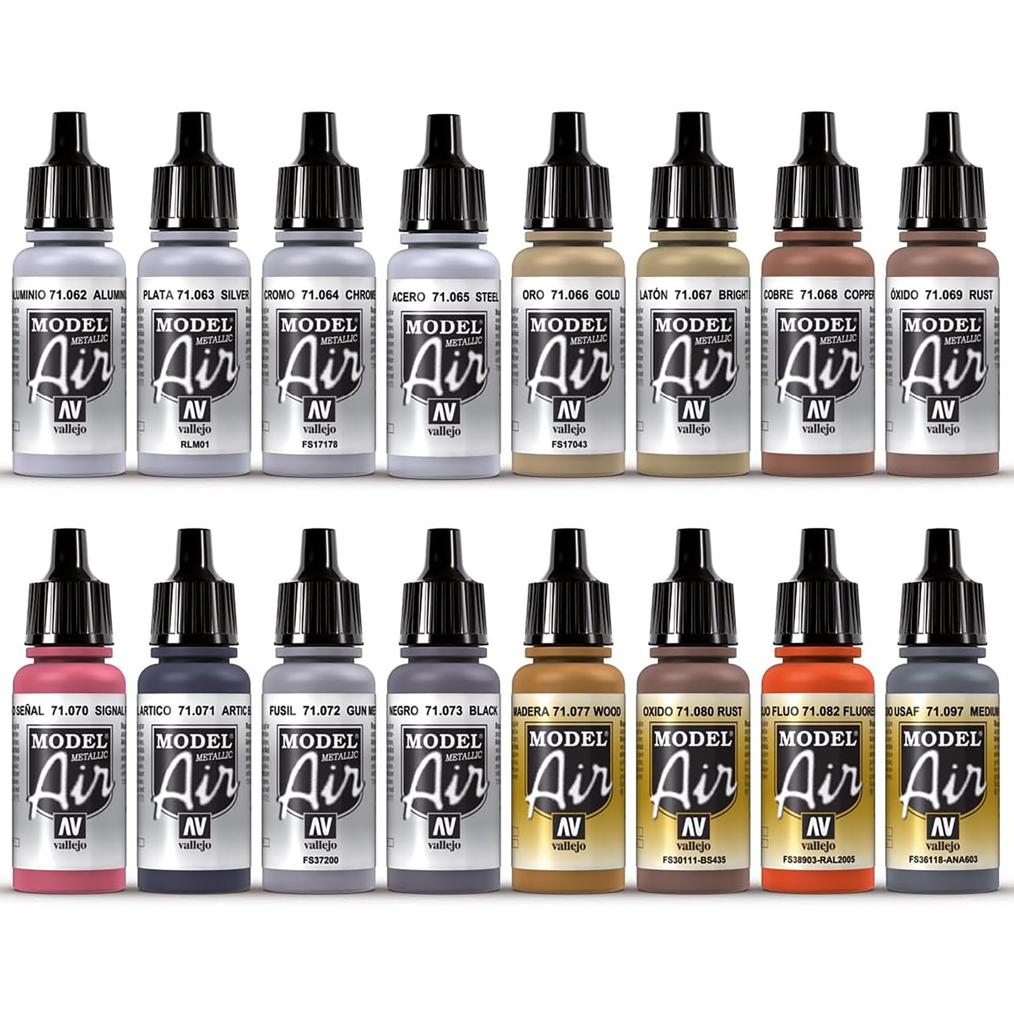 Vallejo Paints: Model Air Color Set - Metallic Effects - 16 Paint Colors - 18ml (.60oz) Bottles, Acrylics For Modeling & Miniatures, Opaque, Hobby