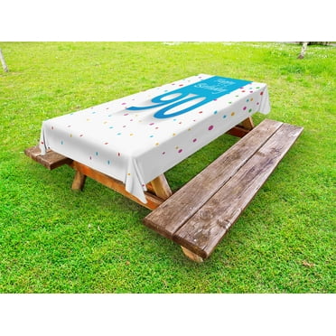 90th Birthday Outdoor Tablecloth, Stylized Framework with Hand Writing Calligraphy Ninety Years Old Polka Dots, Decorative Washable Fabric Picnic Tablecloth, 58 X 120 Inches, Multicolor, by Ambesonne