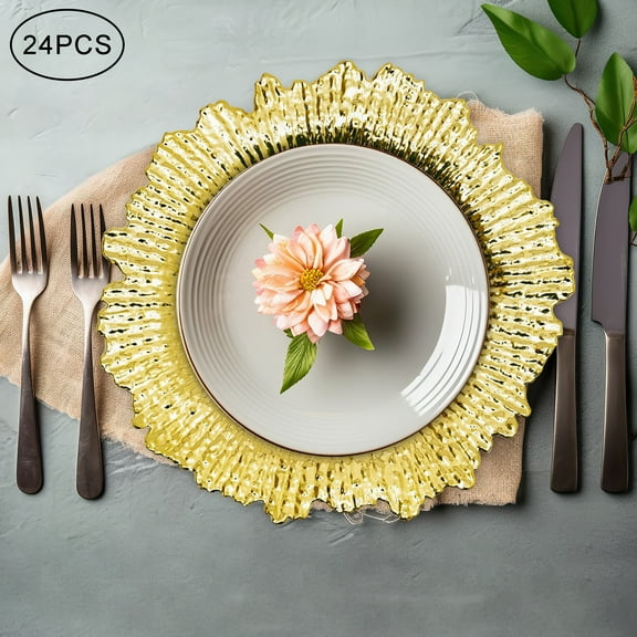 13in Gold Charger Plates 24 Quantity Round Plastic Reef Plate Chargers Place Mats for Restaurants, Home