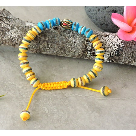 Tibetan Embedded Yak Bone Medicine Healing Wrist Mala for Meditation - Yellow/Sky (Best Mala Beads For Meditation)