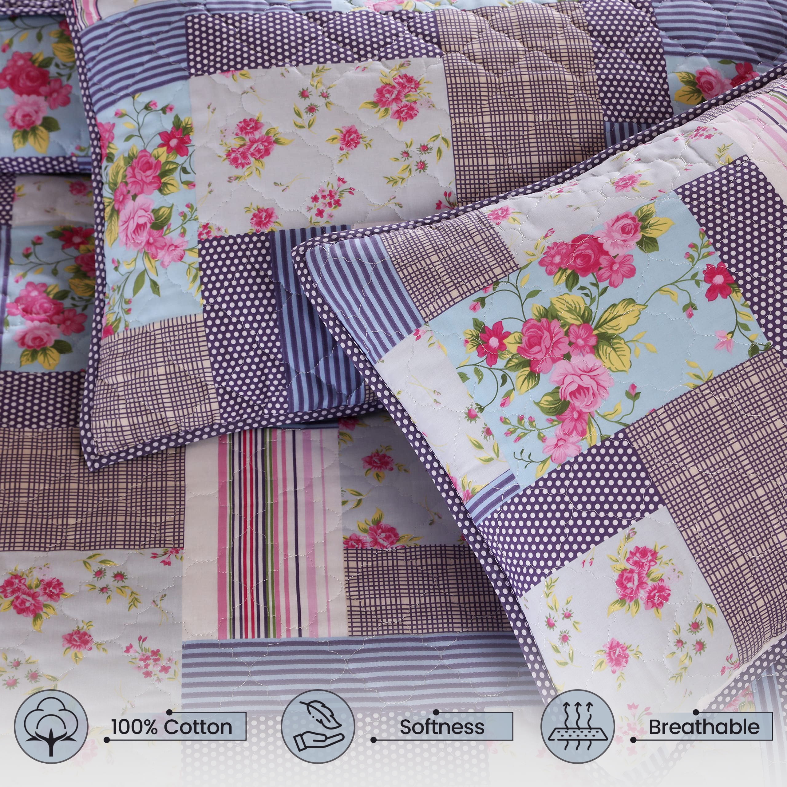 RUVANTI 100% Cotton 3 Pcs Quilt Set Queen/Full Bedspreads, Lightweight Coverlet, Soft, Warm Comforter. All Season Quilts Queen Size Set Include Quilt & 2 Pillowcovers, Reversible Pink Rose Design