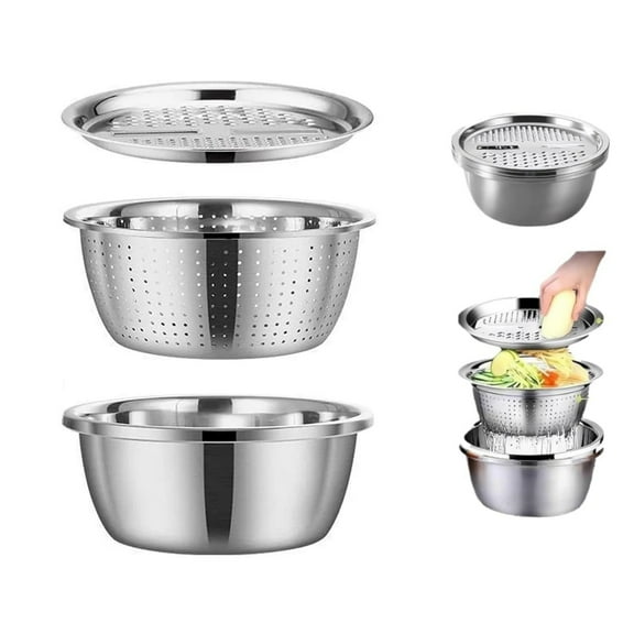 QZS 11In Stainless Steel Drainage Basin,Reusable 3 In 1 Vegetable Cutter,Kitchen Multipurpose Julienne Grater Salad Bowl for Vegetables(1Pack)