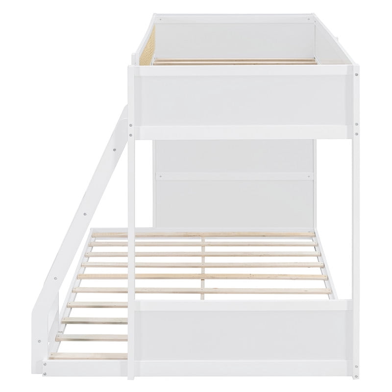 Twin-Over-Full Bunk Bed with Built-in Ladder & LED Strip, Storage Wooden Bed Frame with Bookshelf & Rattan Guardrail
