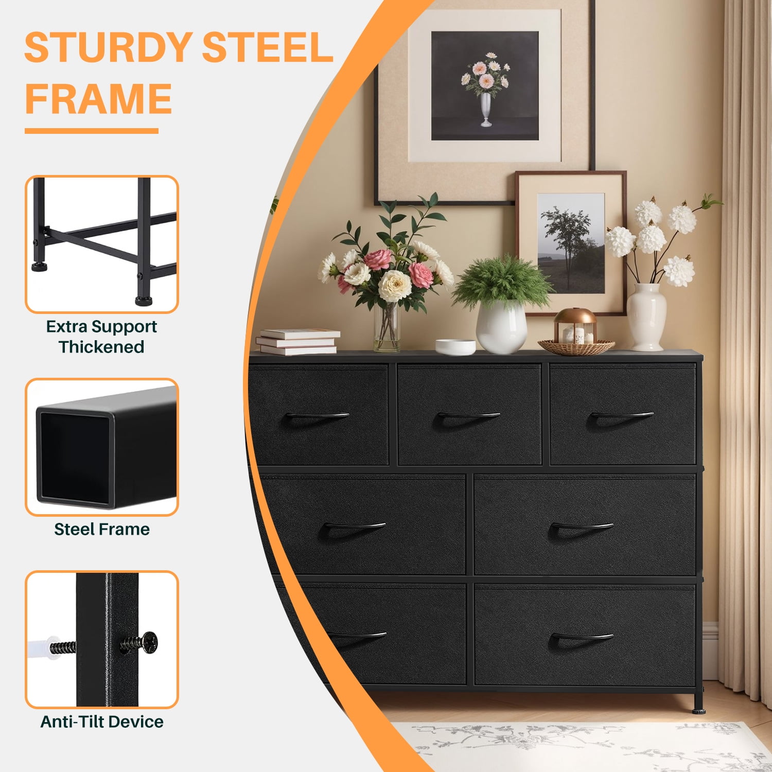 Simenmax 7 Drawer Dresser for Bedroom, Fabric Storage Dresser for Bedroom, Wood and Metal Dresser TV Stand for Living Room, Storage Tower with Bins, Chest of Drawers for Closet, Hallway,Black