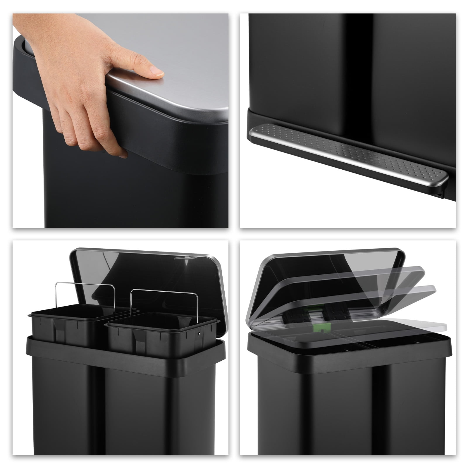 Pirecart 16 Gallon Dual Trash Can Rectangular Stainless Steel Pedal Recycle Bin, Black