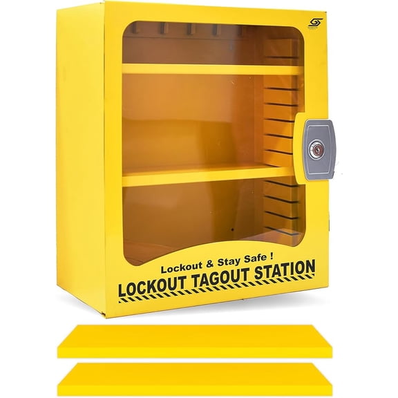 Lockout Tagout Cabinet, Lock Out Tag Out Station Unfilled - Loto Devices Not Included, Wall-Mountable Lockout Tagout Station Cabinet, 2 Movable Shelf Partitions, Yellow Steel Plate Body