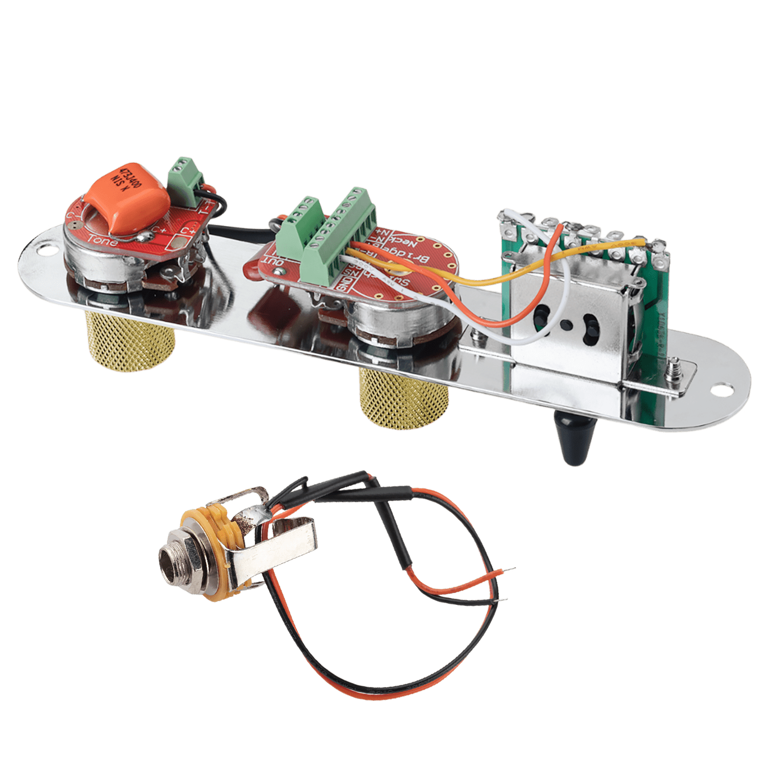 LOOKSEVEN Solderless Pre-Wired Control Plate Kit with 3-Way Switch, Aluminum Shaft Pot (1 Volume 1 Tone) Wiring Harness Easy Plug & Play Upgrade with Treble-Bleed Circuit for Telecaster Guitars