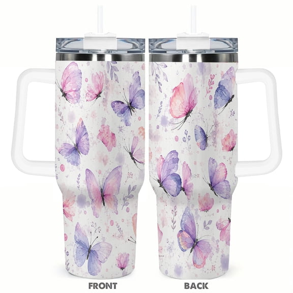 40oz Pastel Butterfly Floral Travel Tumbler Insulated Car Cup with Handle Stainless Steel Coffee Cup Pink Purple Aesthetic Gift