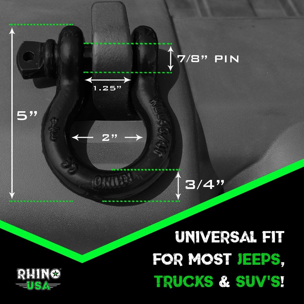 Rhino USA D Ring Shackles (2pc) - 41,850lb Break Strength - 3/4" Clevis Shackle w/ 7/8 Pin (Black)