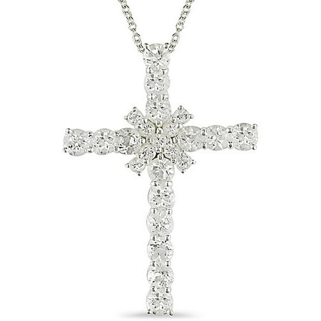 Sterling Silver 3mm & 5mm Round White Topaz Cross Pendant with 18" Chain