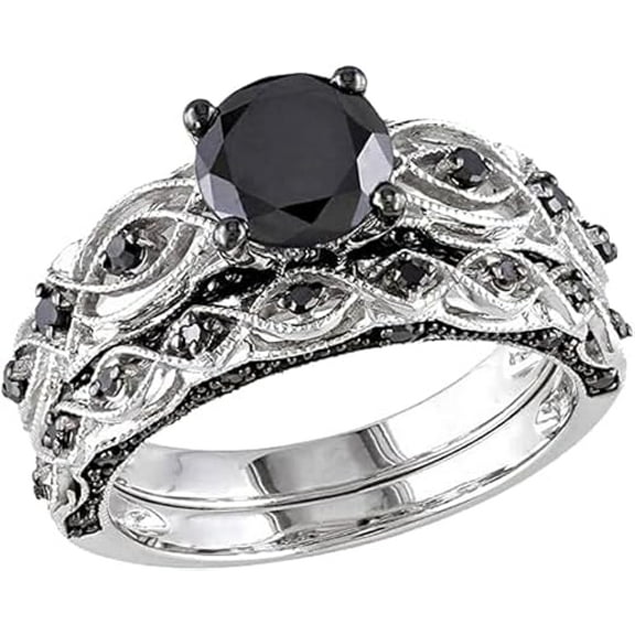 beryl_creation Women's 2.40 Ct Round Cut Black Diamond Engagement Wedding Thanksgiving Christmas Bridal Ring Set 14K White Gold Plated 925 Sterling Silver -7