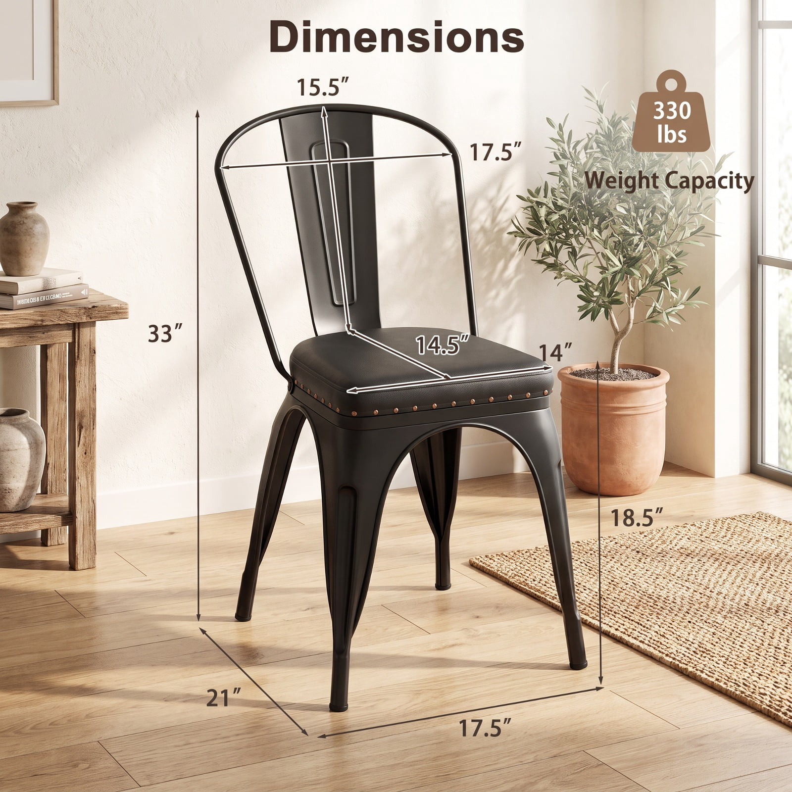Furnibear Metal Dining Chair Set of 4 Stackable Kitchen Chairs with Removable Backs and PU Leather Cushioned Seat for Kitchen Dining Room, Black