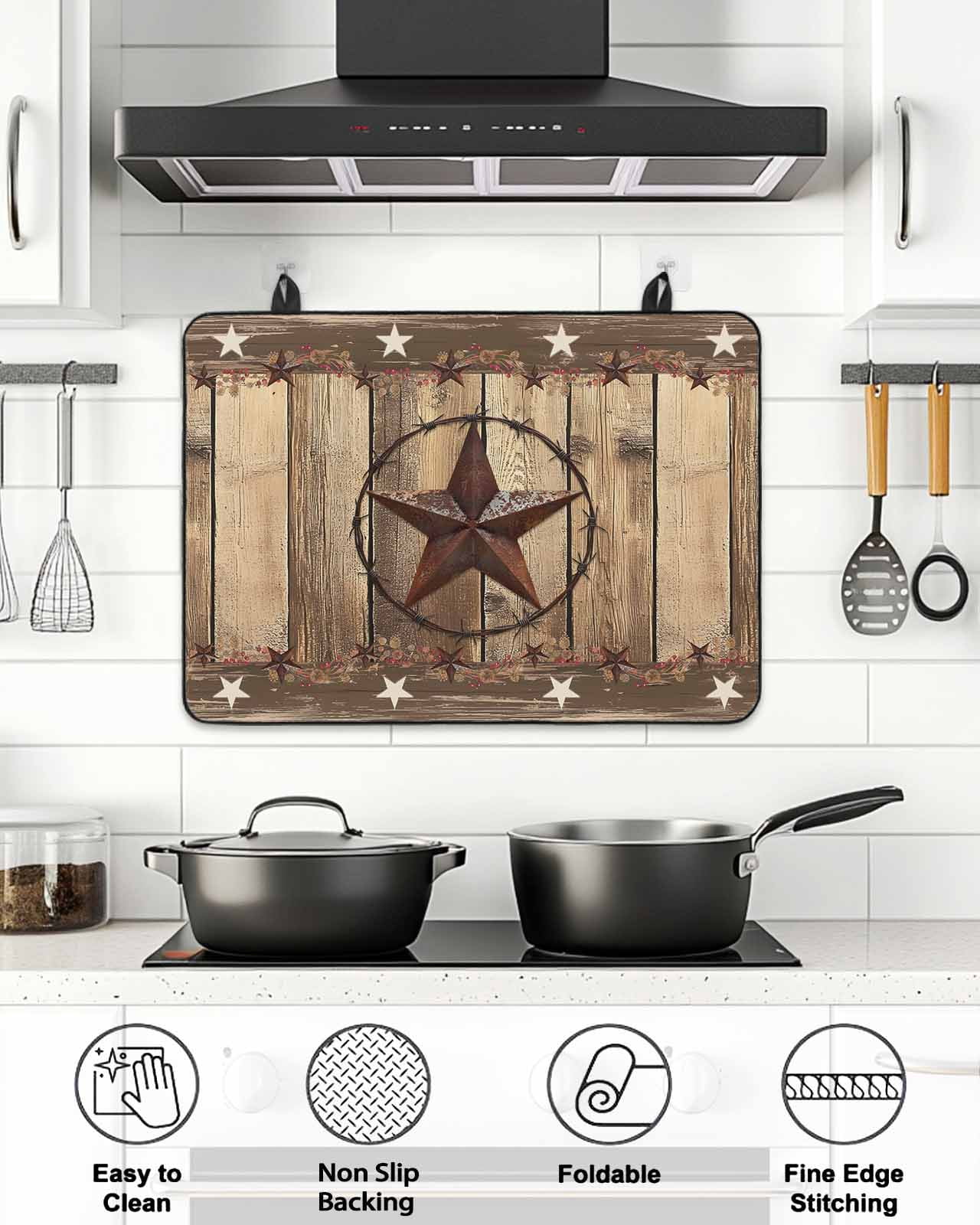 Stove Top Covers for Electric Stove, Rustic Country Glass Stovetop Cover Protector, Western Stars Brown Texture Wooden Print Induction Cooktop Protector Oven Mat for Kitchen Countertop 24"x21"
