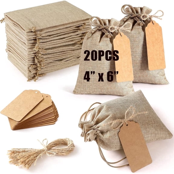 GIXUSIL 20 pack Burlap Sacks Christmas Bag with Tags and String,4×6 Wedding Favor Bags,Brown Mesh Pouch with Drawstring for Party Gift Wrapping