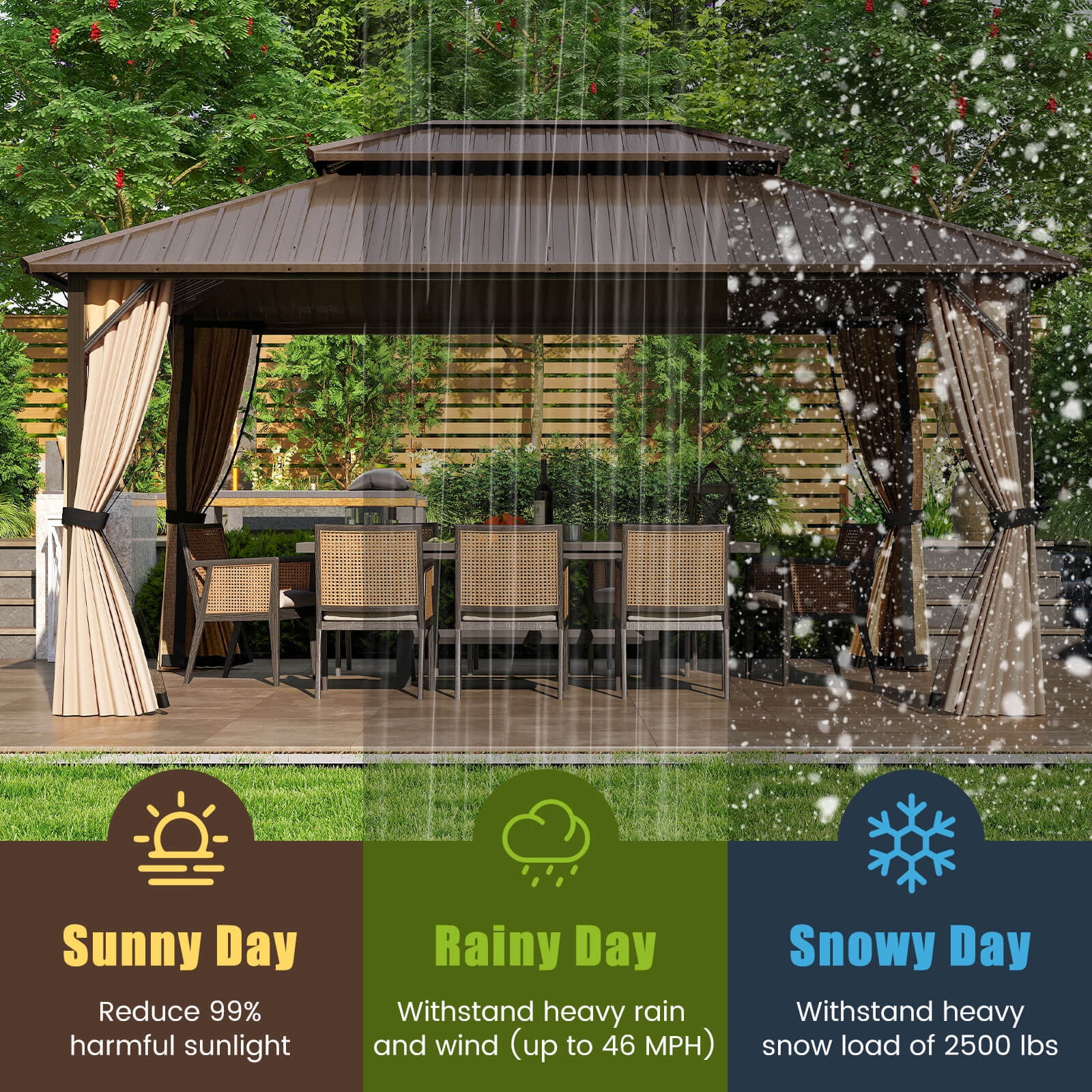 Costway 16 x 12 FT Hardtop Gazebo with Netting Heavy-Duty Double-Roof Galvanized Metal Top