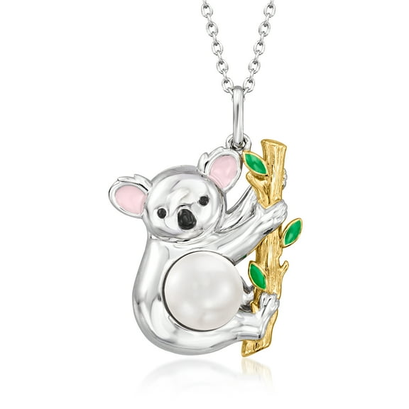 Ross-Simons 8-8.5mm Cultured Pearl Koala Pendant Necklace With Multicolored Enamel in 2-Tone Sterling Silver, Women's, Adult
