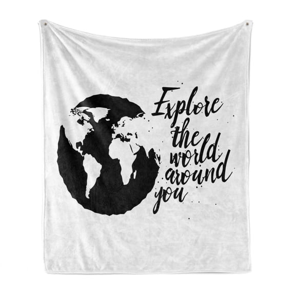 Saying Soft Flannel Fleece Throw Blanket, Explore the World Around You Typography Travel Motivation on Plain Background, Cozy Plush for Indoor and Outdoor Use, 60" x 80", Charcoal Grey, by Ambesonne