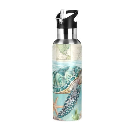 

ALAZA Retro Turtle and Map Water Bottle Insulated Flask Stainless Steel Straw Lid 20 oz