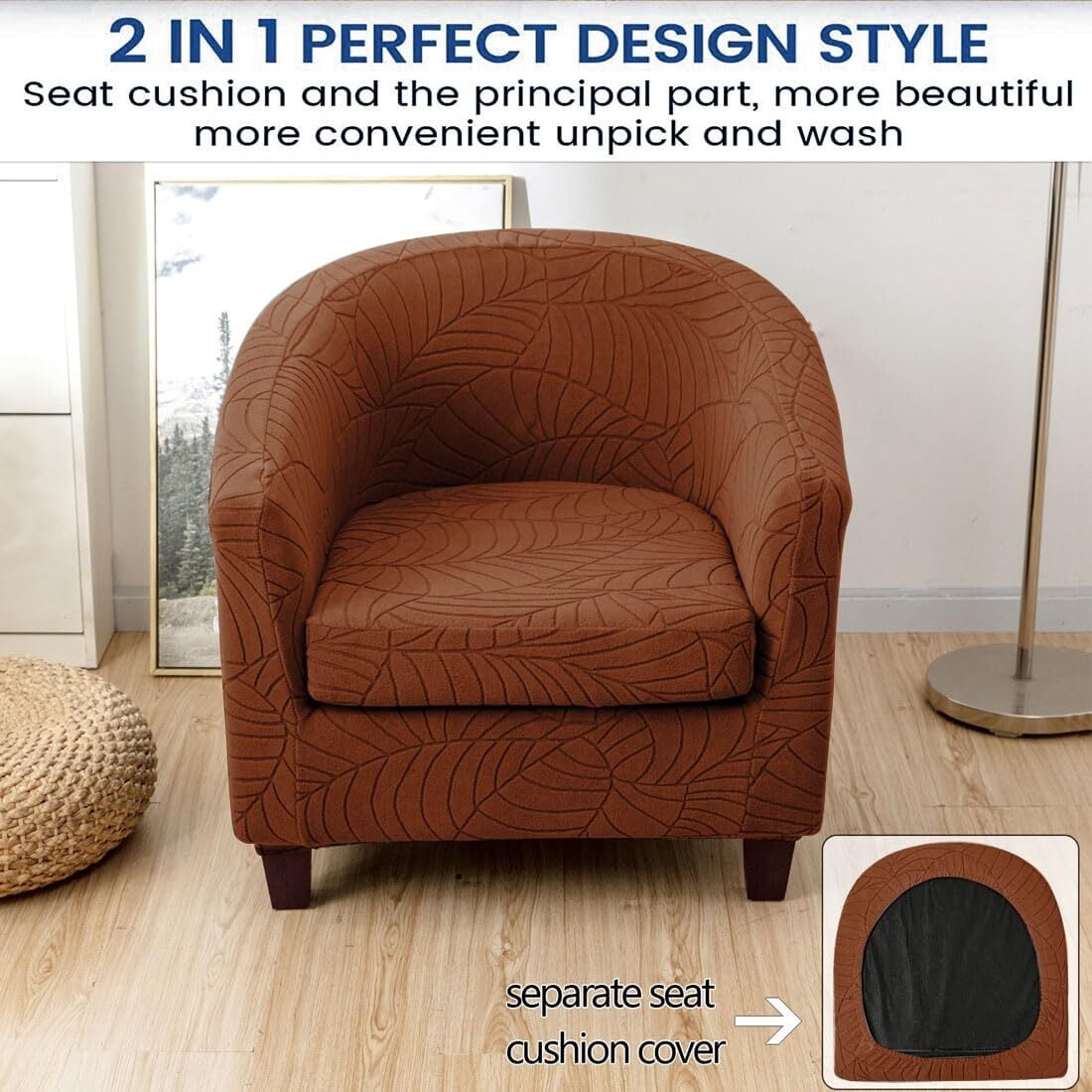 LKJYER Club Chair Covers Slipcover 2 Piece, Leaf Jacquard Stretch Tub Chair Cover Barrel Chair Covers Soft Armchair Sofa Cover Couch Furniture Protector