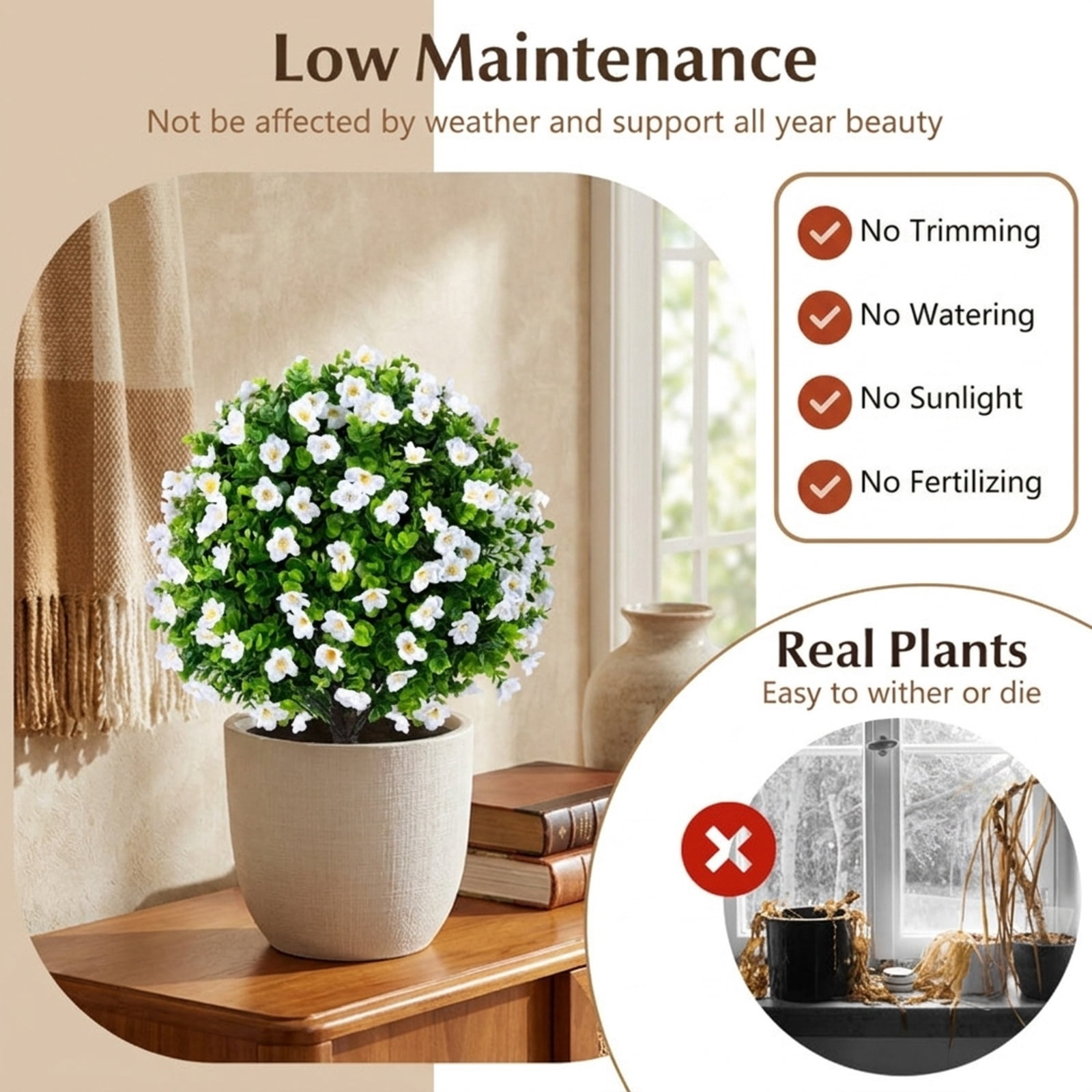 Vebreda Artificial Plant Decor, 2 Pack Artificial Eucalyptus Topiary Trees with Flowers and Cement Planter for Home, Lifelike Eucalyptus Bush