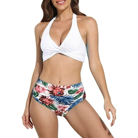 Spentoper Womens High Cut Two Bikini Sets V Neck Backless Bathing Suit with Bottom Front Pleated Swimsuit D L