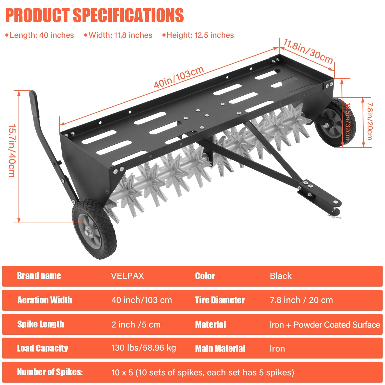 40-Inch Tow Behind Plug Aerator with Transport Wheels, Galvanized Steel Tines & Extra-Wide Tow Bar, Pull Behind Aerator for Gardens, Lawns, Farms