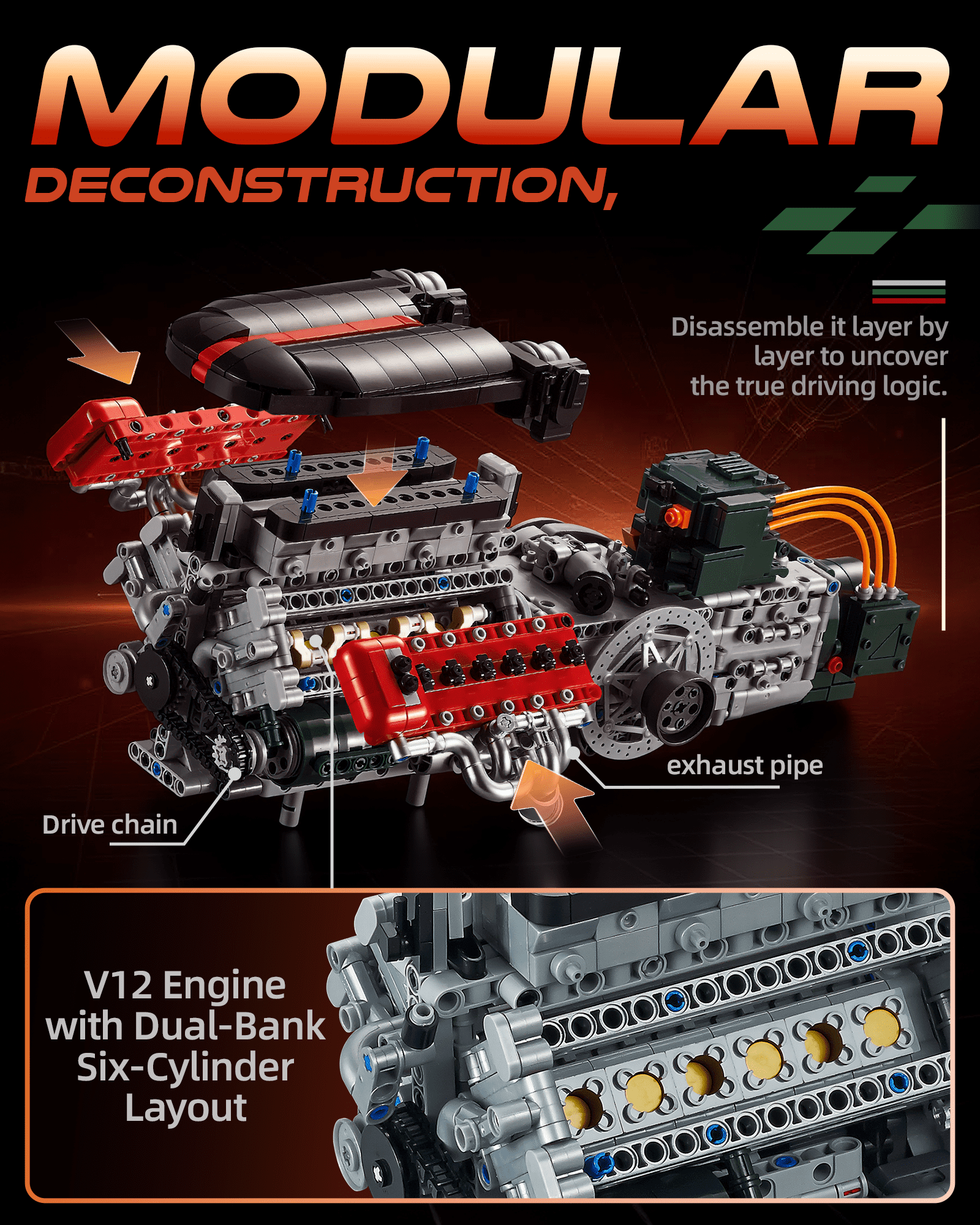 Joycrown V12 Engine Kits That Runs, Build Your Own V12 Engine Building Set with Motor and Battery, STEM Physical Science Educational Toy for Adults Kids Age 14+ (2322PCS)