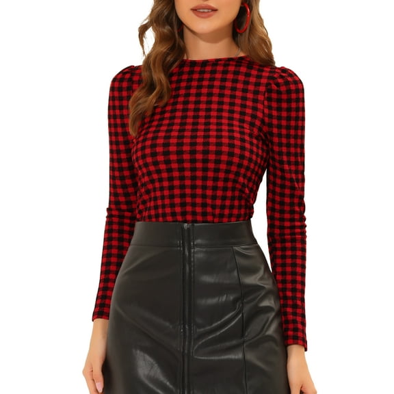 INSPIRE CHIC Women's Puff Sleeve Round Neck T Shirt Long Sleeves Knit Stretch Plaid Pullover Top XS Red