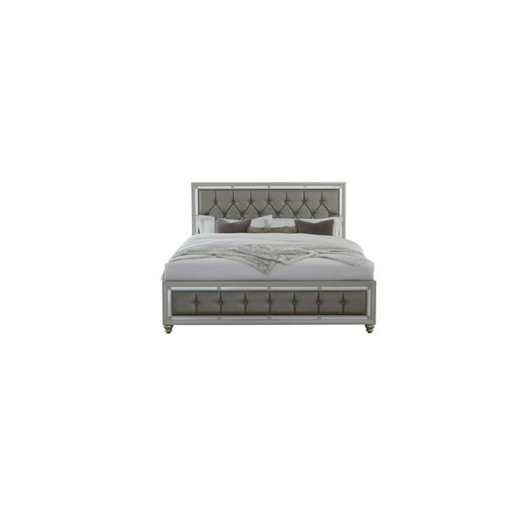Homestock Contemporary Chic Queen Bed Made With Silver Champagne Tone Finish.4 Slats, Upholstered Headboard, Minor Trim Accents, 89.20" X 62.99" X 56.06", Silver