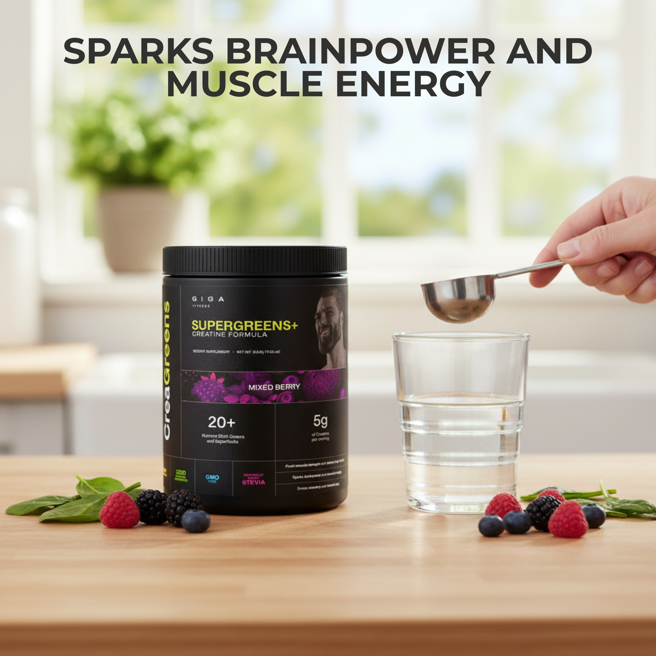 Giga Fitness CreaGreens, Creatine Monohydrate + Superfood Greens Powder, Mixed Berry, 35 Servings