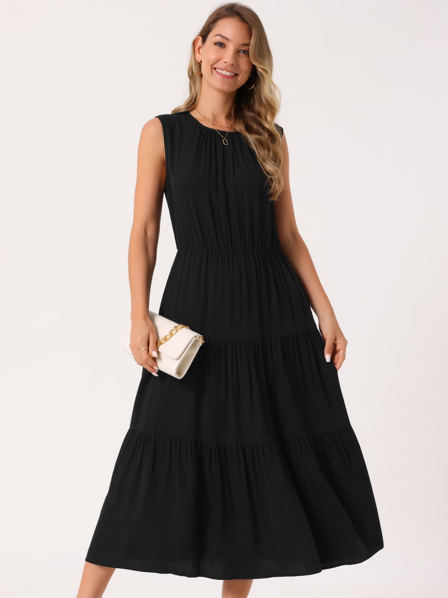 DARING DIVA Sleeveless Crewneck Tiered Casual Midi Dress XL Black