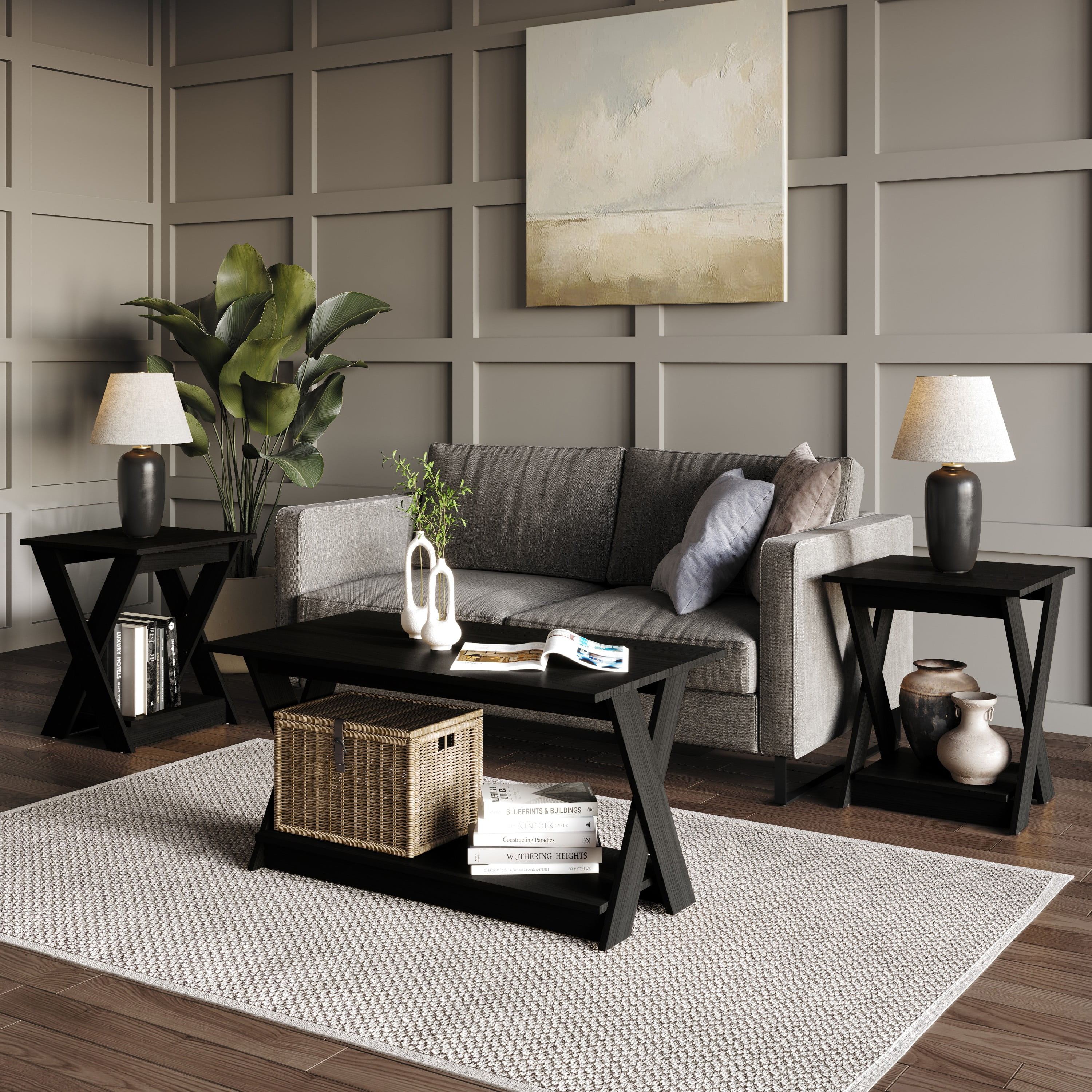 Home Design Emporia 3-Piece Coffee Set with Crossed-Leg Design and Lower Shelf, Wide Plank, Black, Modern Living Room
