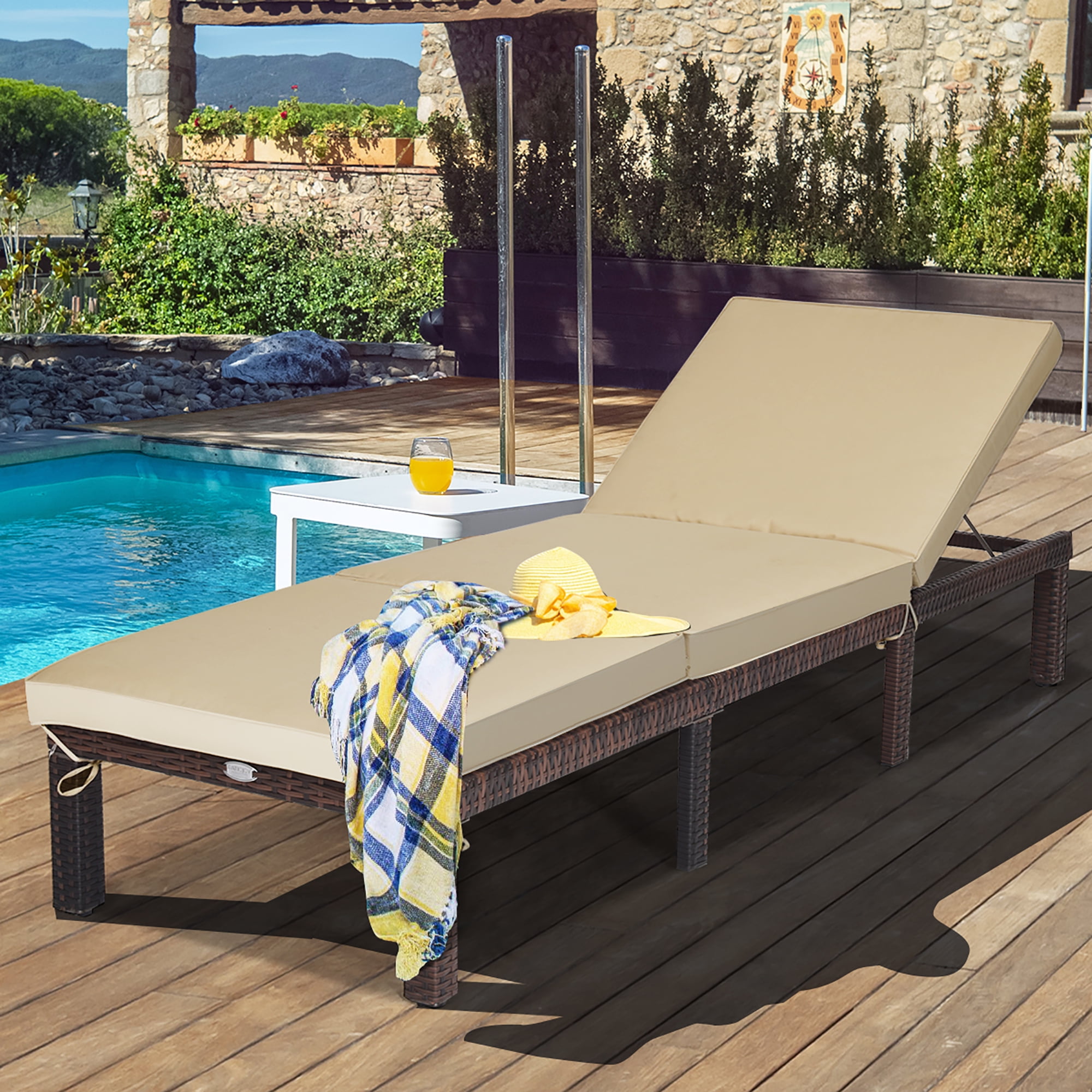 Details about   Rattan Chair Patio Chaise Lounge with Cushion Disassembly Bed W/Wheel Brown 