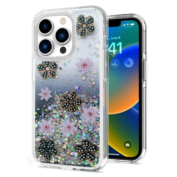 Fashion Case Compatible with Apple iPhone 13 Pro Max (6.7") Floral Stylish Design Glitter Shiny Hybrid Rubber TPU Hard PC Shockproof Slim Fit Cover [ Black Flowers ]